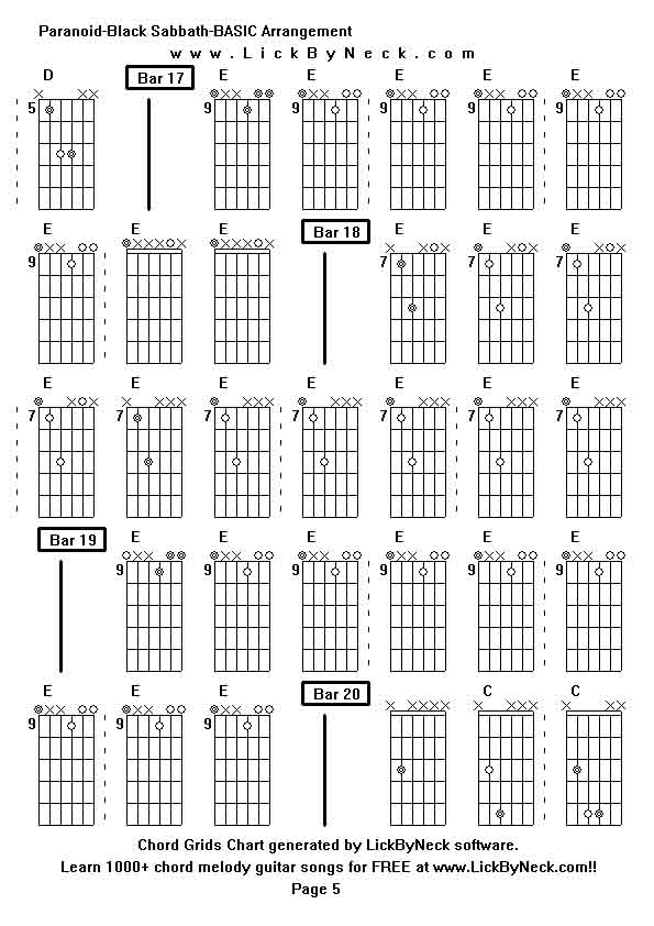 Chord Grids Chart of chord melody fingerstyle guitar song-Paranoid-Black Sabbath-BASIC Arrangement,generated by LickByNeck software.